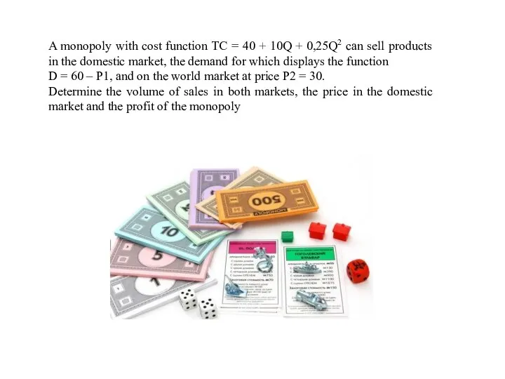 A monopoly with cost function TC = 40 + 10Q +