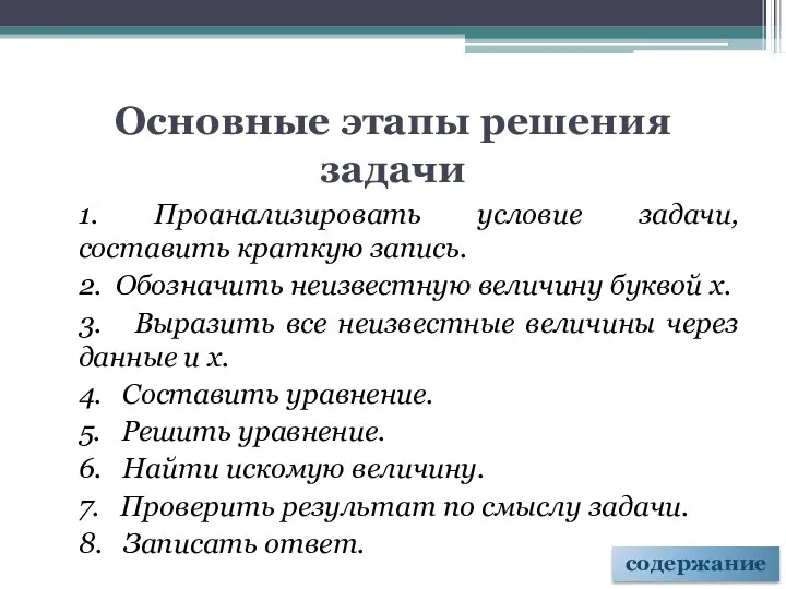 Основные этапы решения задачи 1. Проанализировать условие задачи, составить краткую запись.