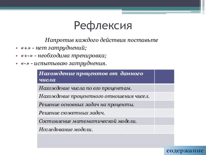 Рефлексия Напротив каждого действия поставьте «+» - нет затруднений; «+-» -