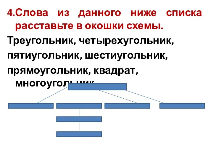 4.Слова из данного ниже списка расставьте в окошки схемы. Треугольник, четырехугольник, пятиугольник, шестиугольник, прямоугольник, квадрат, многоугольник