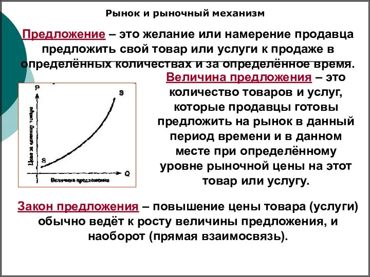 Рынок и рыночный механизм Предложение – это желание или намерение продавца