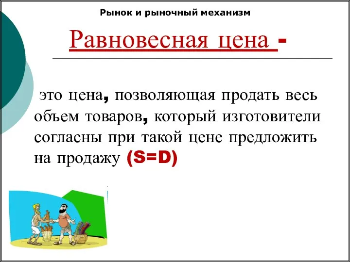 Равновесная цена - это цена, позволяющая продать весь объем товаров, который