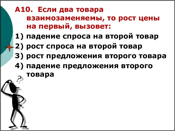 А10. Если два товара взаимозаменяемы, то рост цены на первый, вызовет: