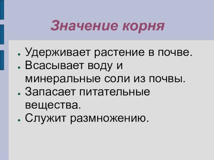 Значение корня Удерживает растение в почве. Всасывает воду и минеральные соли