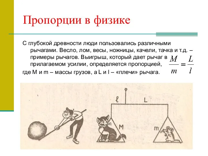 Пропорции в физике С глубокой древности люди пользовались различными рычагами. Весло,