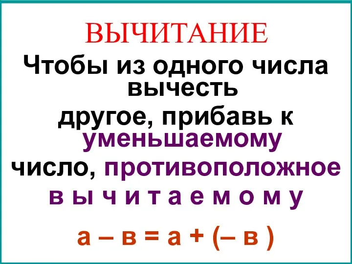 Чтобы из одного числа вычесть другое, прибавь к уменьшаемому число, противоположное