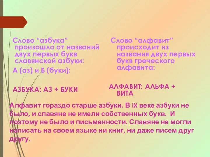 Слово “азбука” произошло от названий двух первых букв славянской азбуки: А