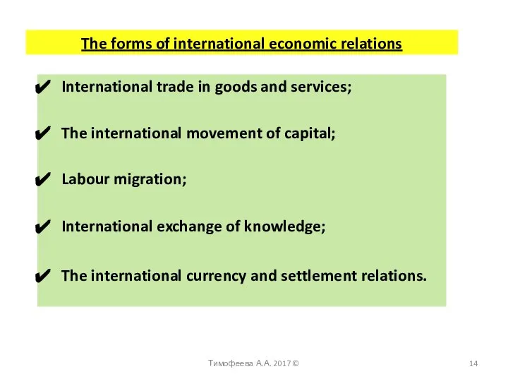 The forms of international economic relations International trade in goods and