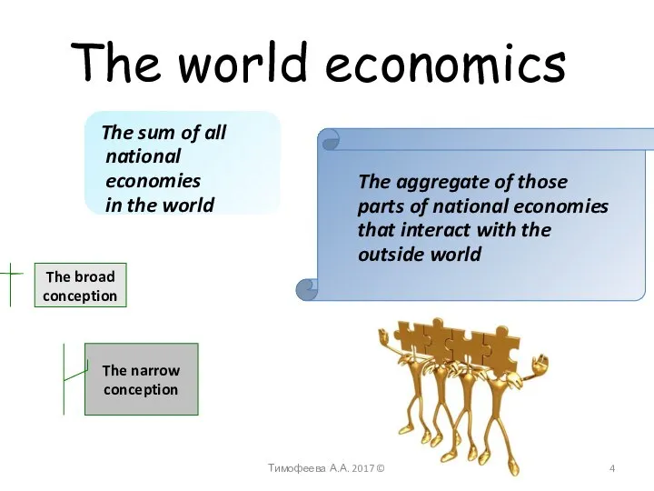 The world economics The sum of all national economies in the