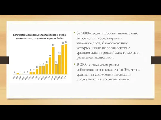 За 2000-е годы в России значительно выросло число долларовых миллиардеров, благосостояние