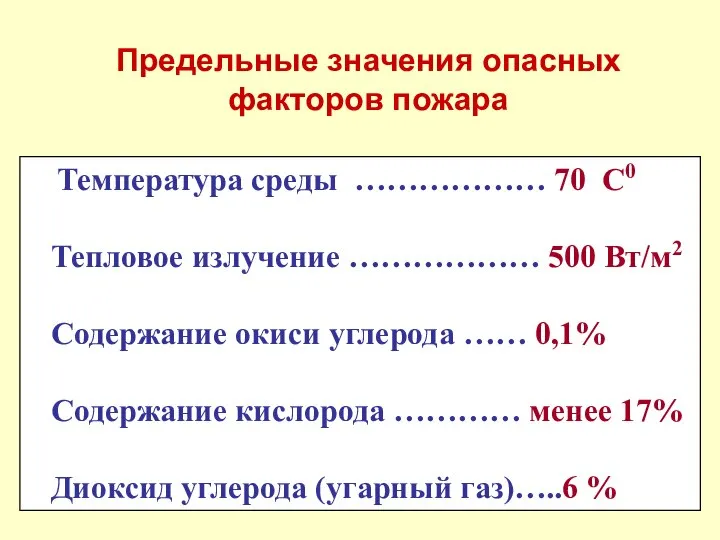 Предельные значения опасных факторов пожара Температура среды ……………… 70 С0 Тепловое