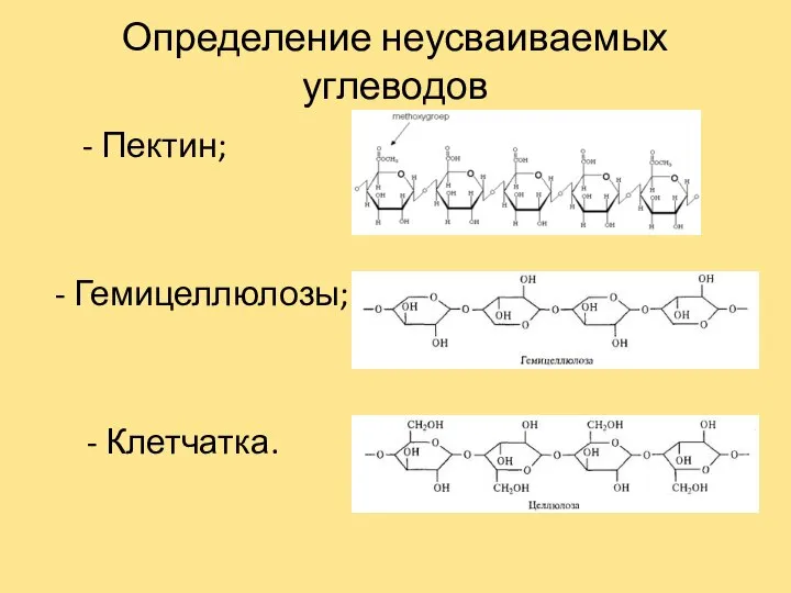 Определение неусваиваемых углеводов - Пектин; - Гемицеллюлозы; - Клетчатка.