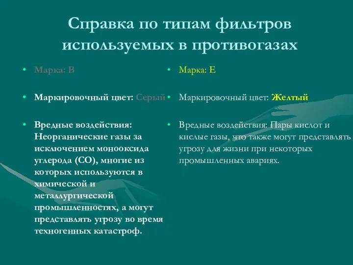 Справка по типам фильтров используемых в противогазах Марка: B Маркировочный цвет: