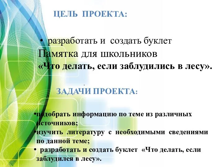 ЦЕЛЬ ПРОЕКТА: . разработать и создать буклет Памятка для школьников «Что