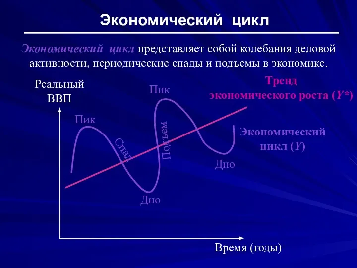 Экономический цикл Реальный ВВП Пик Дно Спад Подъем Время (годы) Тренд