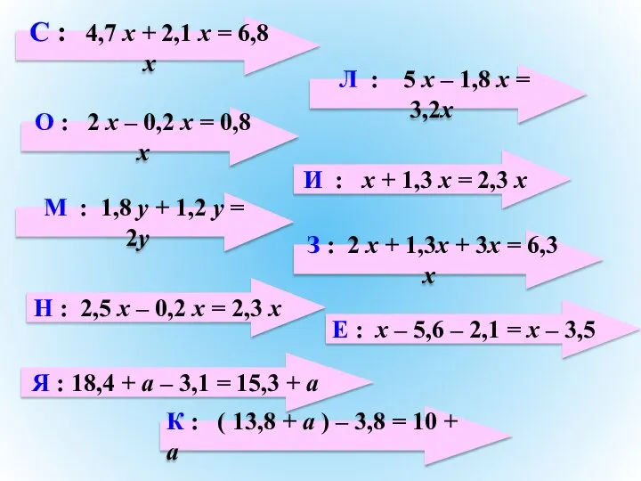 С : 4,7 х + 2,1 х = 6,8 х Л