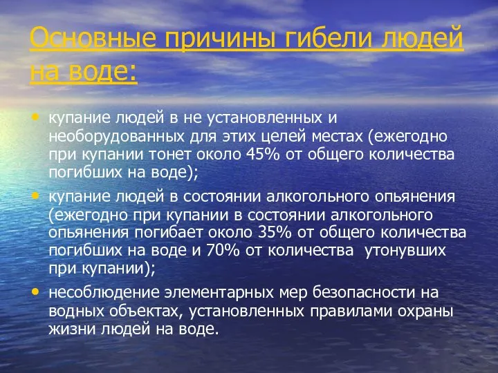 Основные причины гибели людей на воде: купание людей в не установленных