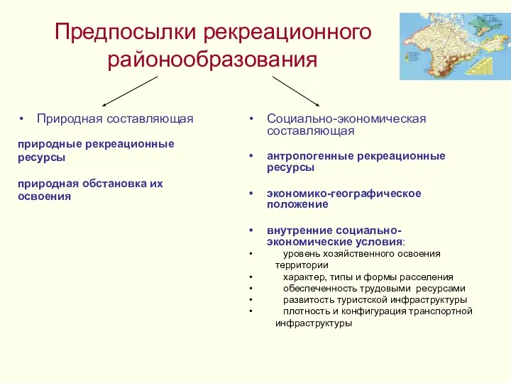 Предпосылки рекреационного районообразования Природная составляющая природные рекреационные ресурсы природная обстановка их