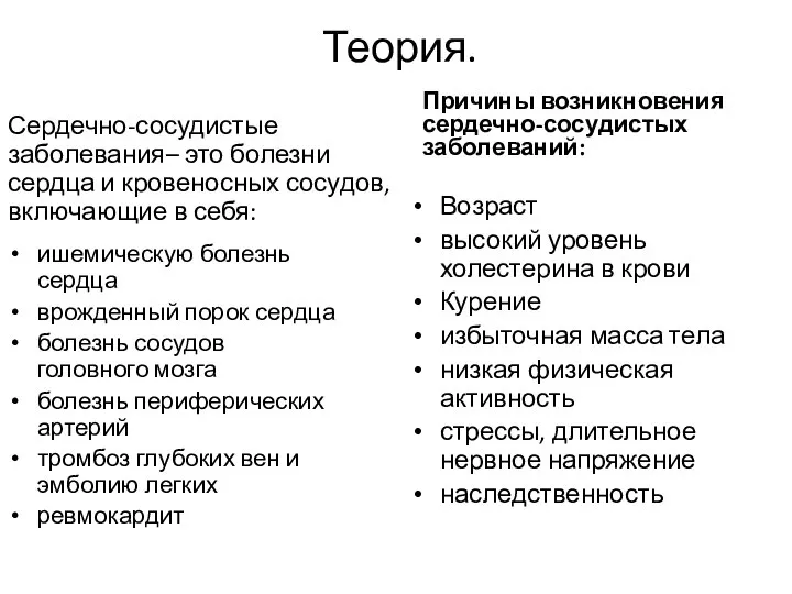 Теория. Сердечно-сосудистые заболевания– это болезни сердца и кровеносных сосудов, включающие в