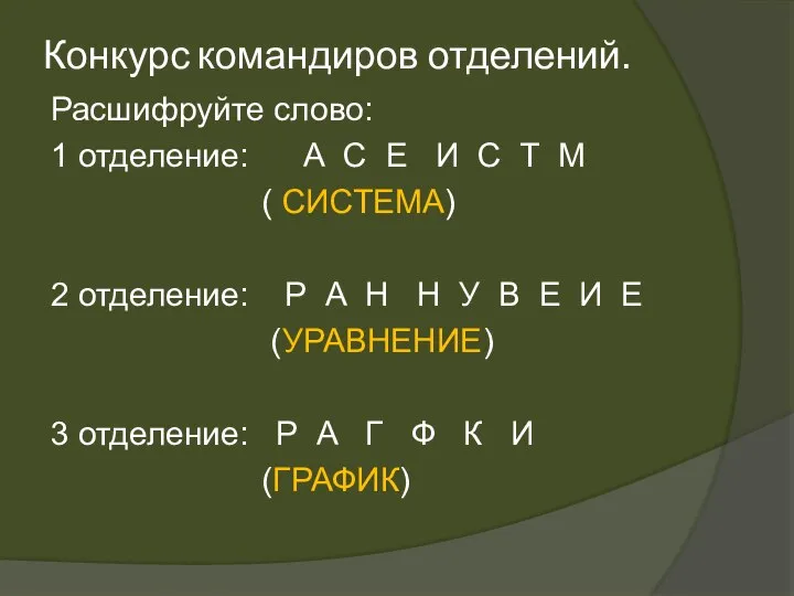 Конкурс командиров отделений. Расшифруйте слово: 1 отделение: А С Е И