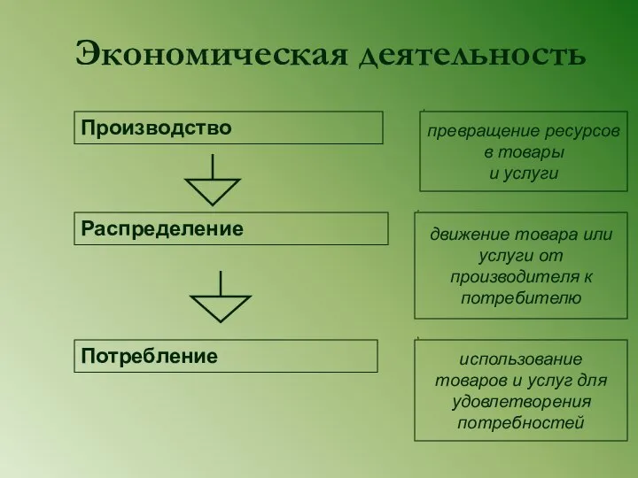 Экономическая деятельность Производство Распределение Потребление движение товара или услуги от производителя