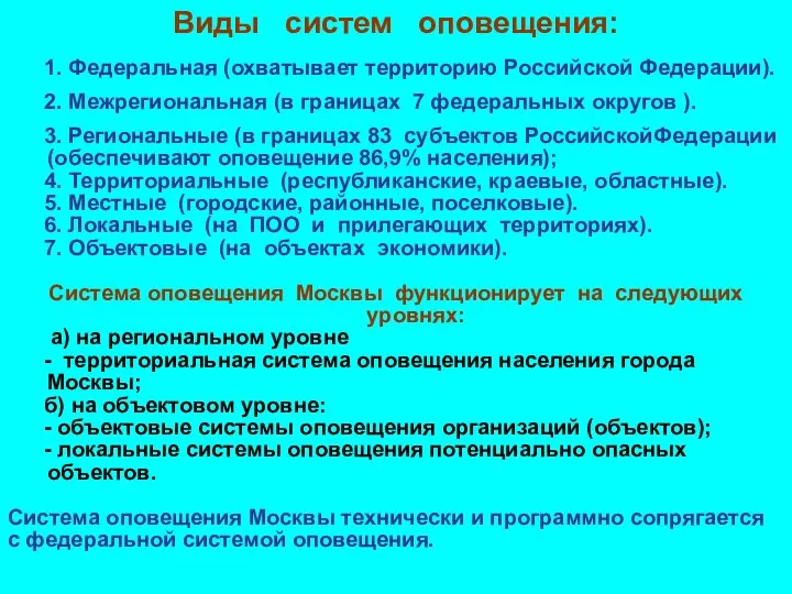 Виды систем оповещения: 1. Федеральная (охватывает территорию Российской Федерации). 2. Межрегиональная