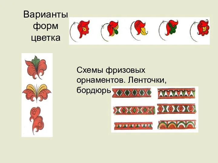 Варианты форм цветка Схемы фризовых орнаментов. Ленточки, бордюры.