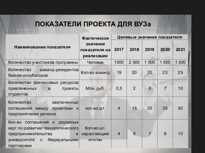 ПОКАЗАТЕЛИ ПРОЕКТА ДЛЯ ВУЗа