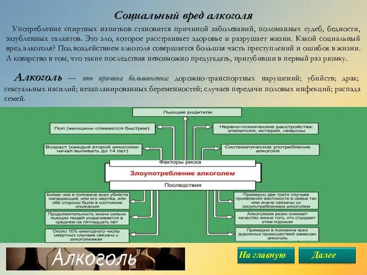 Социальный вред алкоголя Употребление спиртных напитков становится причиной заболеваний, поломанных судеб,