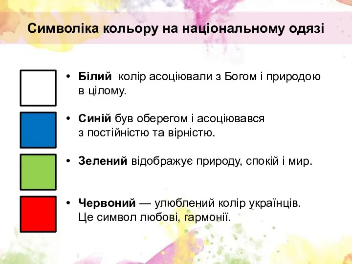 Символіка кольору на національному одязі Білий колір асоціювали з Богом і