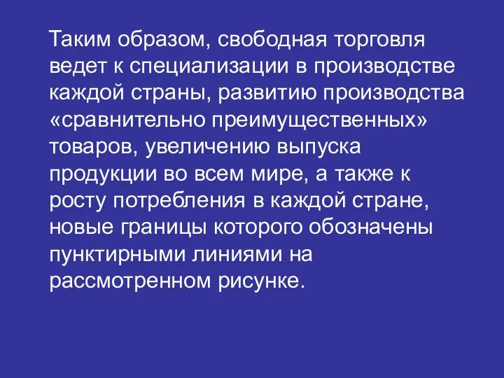 Таким образом, свободная торговля ведет к специализации в производстве каждой страны,