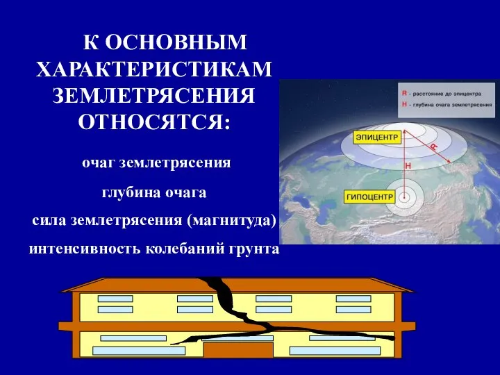 К ОСНОВНЫМ ХАРАКТЕРИСТИКАМ ЗЕМЛЕТРЯСЕНИЯ ОТНОСЯТСЯ: очаг землетрясения глубина очага сила землетрясения (магнитуда) интенсивность колебаний грунта