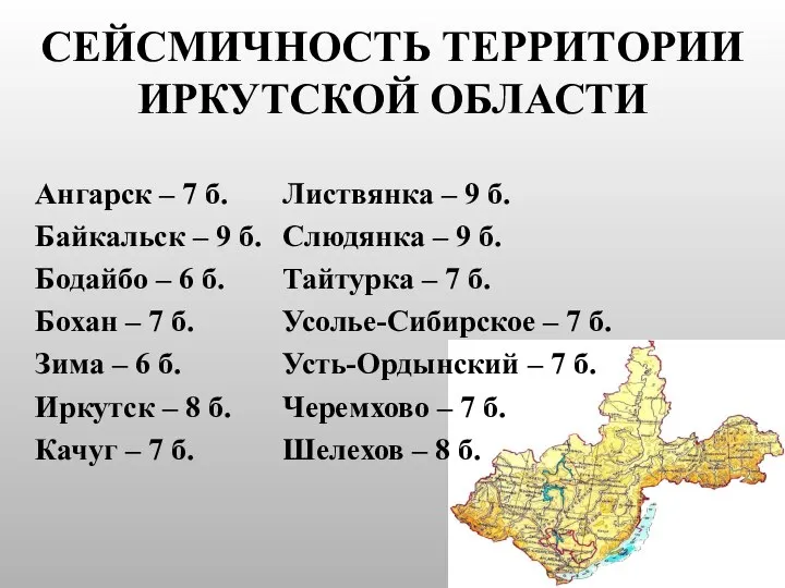 СЕЙСМИЧНОСТЬ ТЕРРИТОРИИ ИРКУТСКОЙ ОБЛАСТИ Ангарск – 7 б. Байкальск – 9