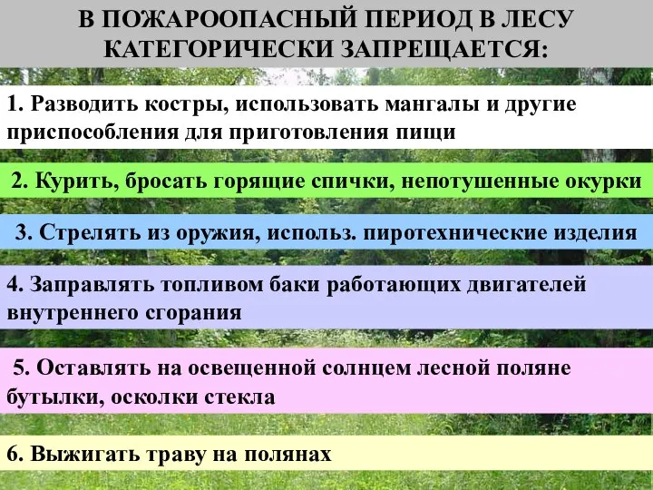 В ПОЖАРООПАСНЫЙ ПЕРИОД В ЛЕСУ КАТЕГОРИЧЕСКИ ЗАПРЕЩАЕТСЯ: 1. Разводить костры, использовать