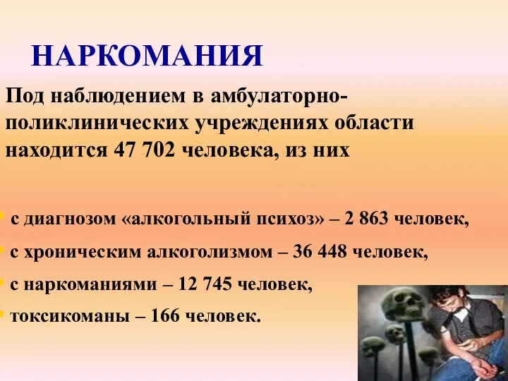 Под наблюдением в амбулаторно-поликлинических учреждениях области находится 47 702 человека, из