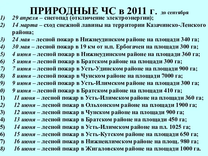 ПРИРОДНЫЕ ЧС в 2011 г. до сентября 29 апреля – снегопад