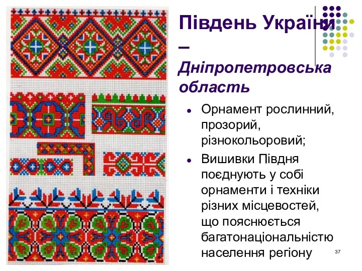 Південь України – Дніпропетровська область Орнамент рослинний, прозорий, різнокольоровий; Вишивки Півдня