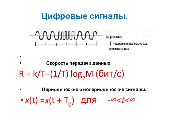 Цифровые сигналы. Скорость передачи данных. R = k/T=(1/T) log2M (бит/с) Периодические