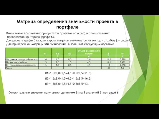 Матрица определения значимости проекта в портфеле Вычисление абсолютных приоритетов проектов (графа5)