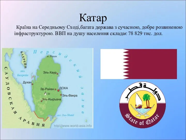 Катар Країна на Середньому Сході,багата держава з сучасною, добре розвиненою інфраструктурою.