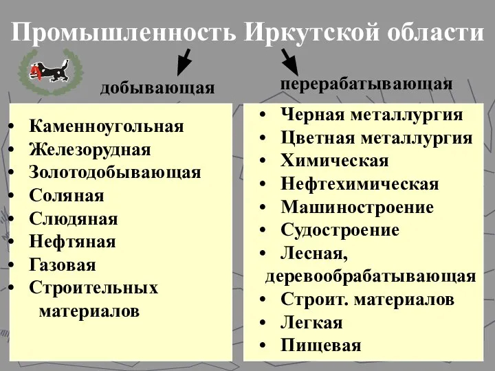 Промышленность Иркутской области добывающая перерабатывающая Каменноугольная Железорудная Золотодобывающая Соляная Слюдяная Нефтяная