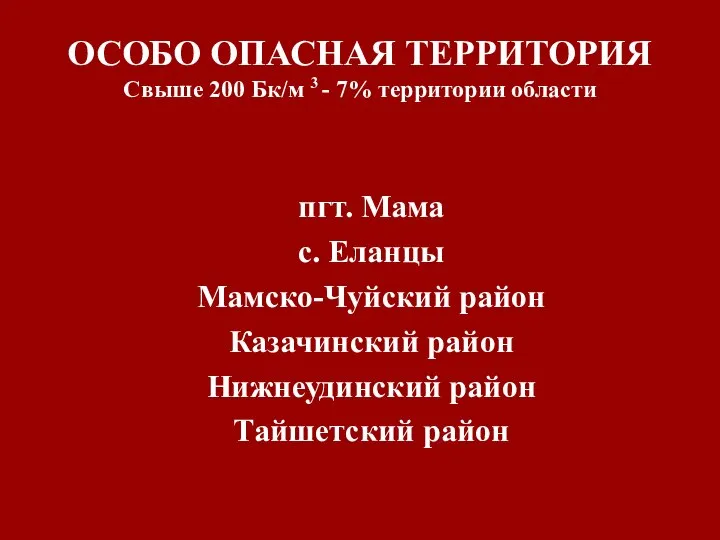 ОСОБО ОПАСНАЯ ТЕРРИТОРИЯ Свыше 200 Бк/м 3 - 7% территории области