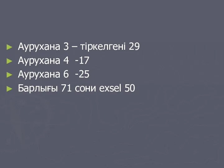 Аурухана 3 – тіркелгені 29 Аурухана 4 -17 Аурухана 6 -25 Барлығы 71 сони exsel 50