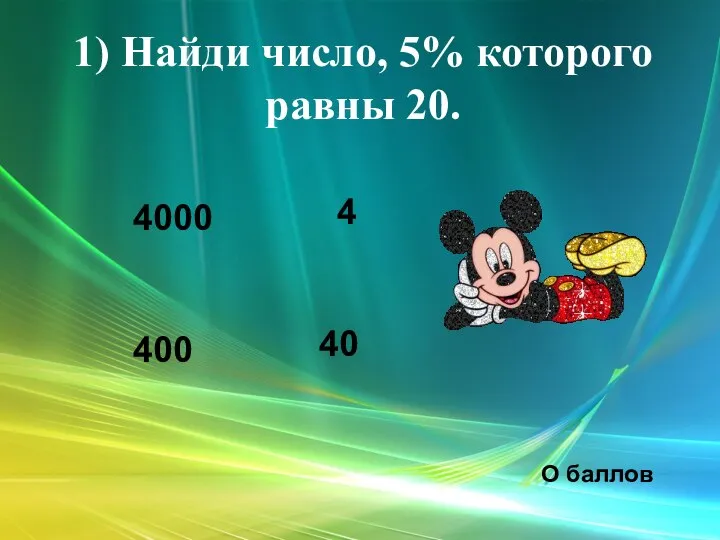 1) Найди число, 5% которого равны 20. О баллов 400 4000 4 40