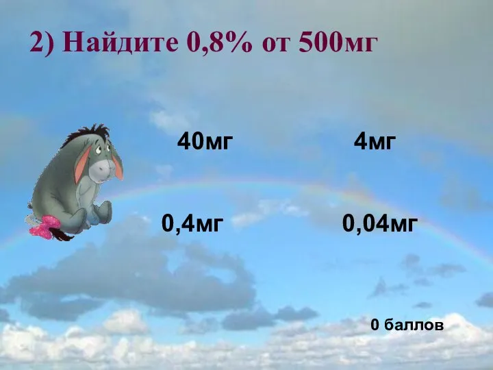 0,04мг 40мг 0,4мг 4мг 0 баллов 2) Найдите 0,8% от 500мг