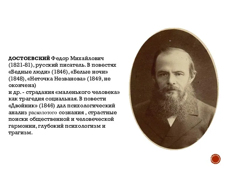 ДОСТОЕВСКИЙ Федор Михайлович (1821-81), русский писатель. В повестях «Бедные люди» (1846),