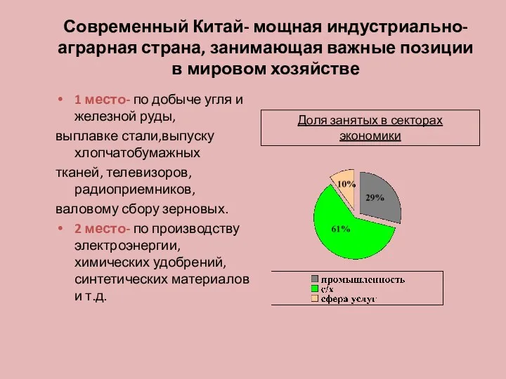 Современный Китай- мощная индустриально-аграрная страна, занимающая важные позиции в мировом хозяйстве