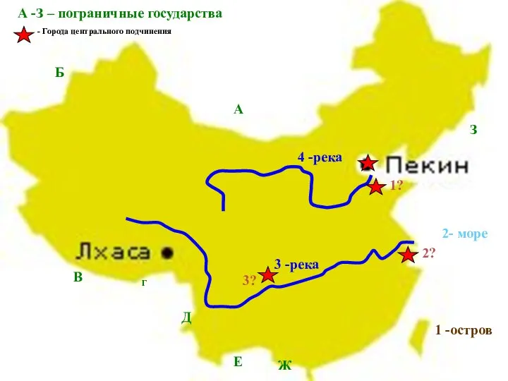 1 -остров 2- море А Б В Г Д Е Ж