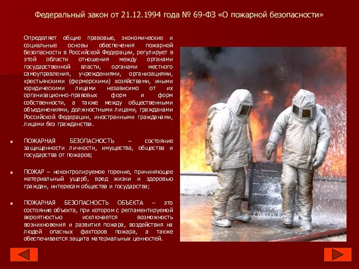 Федеральный закон от 21.12.1994 года № 69-ФЗ «О пожарной безопасности» Определяет