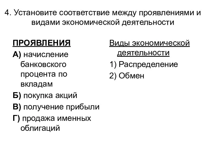 4. Установите соответствие между проявлениями и видами экономической деятельности ПРОЯВЛЕНИЯ А)